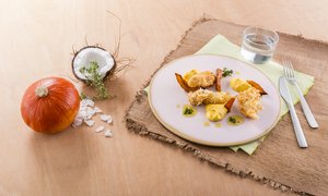 Hähnchenfilet in Kokospanade mit Kürbispüree